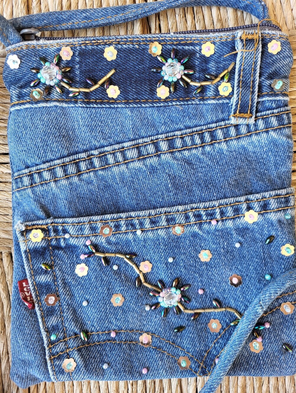 Handcrafted Red Label Levis Embellished Denim Crossbody Bag - Floral Sequins - Picture 2 of 16